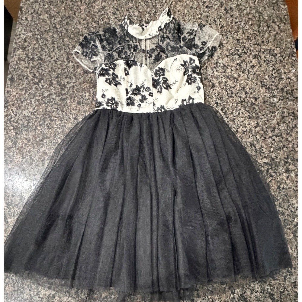 BCBGeneration Black White Floral Tulle Fit Flare Cocktail Dress Size 2
